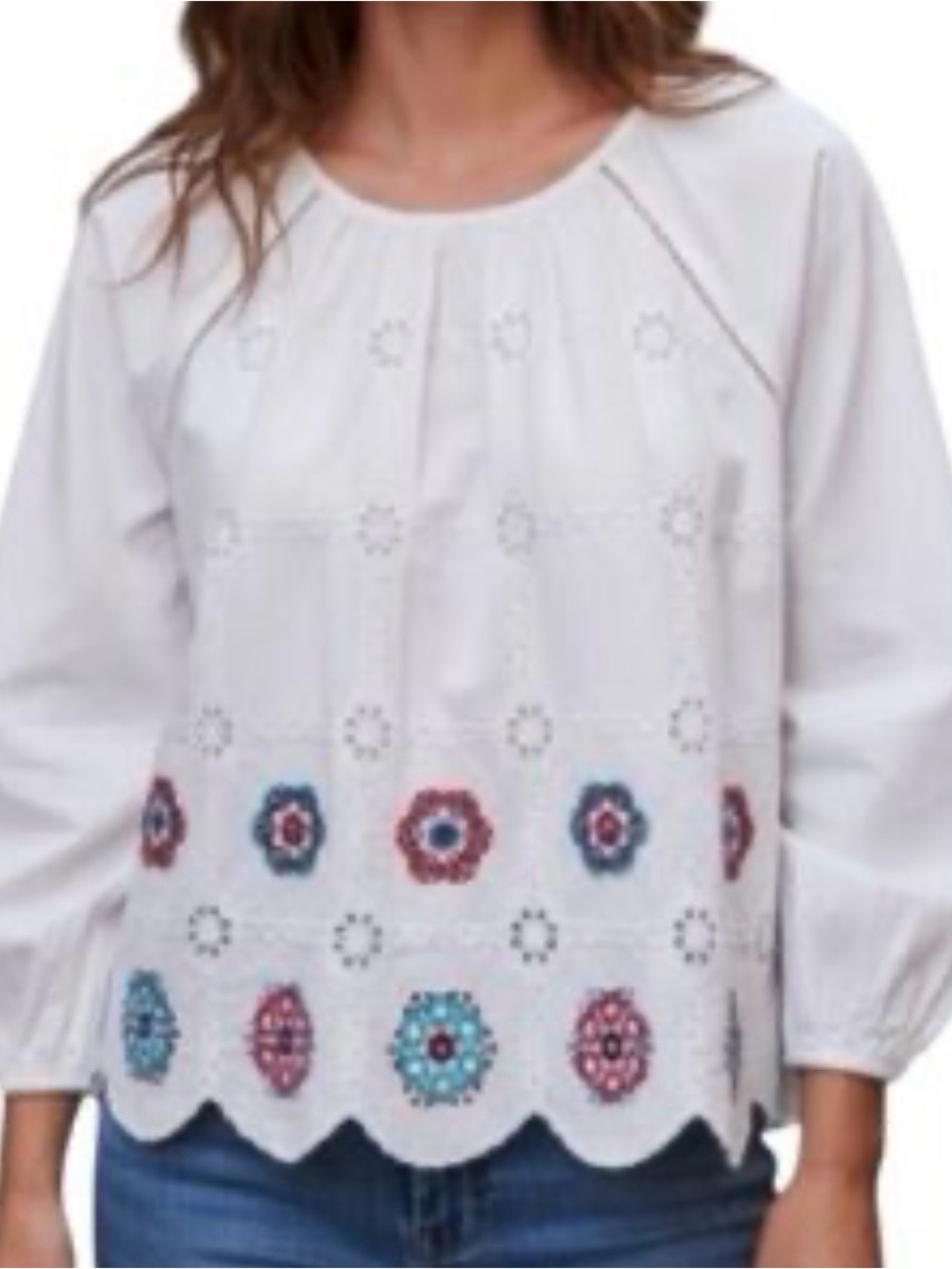 J. Crew 3/4 Sleeve Embroidered Blouse // White Multi // XS